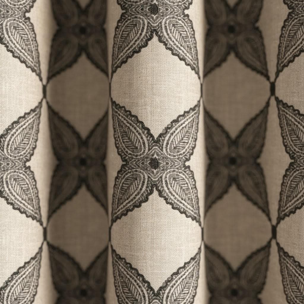 Boho Linen Curtain, Flax Beige with Charcoal Medallion (Custom Size) — image 1
