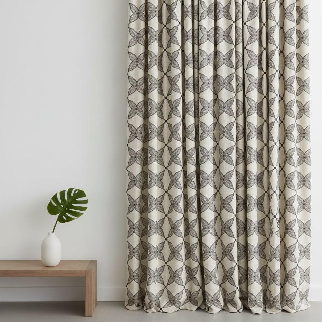 Boho Linen Curtain, Flax Beige with Charcoal Medallion (Custom Size) — image 1