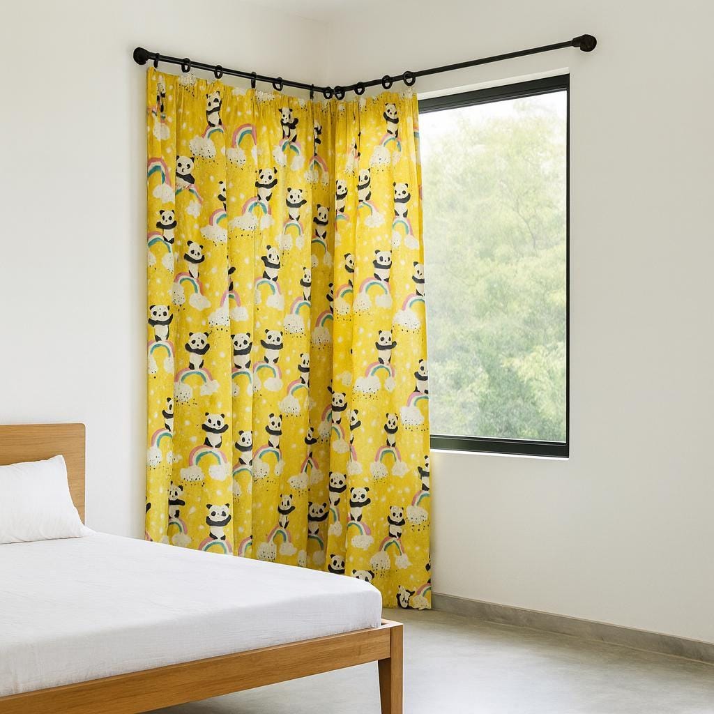 Kids Nursery Curtains: Yellow Panda Rainbow - Organic Cotton — image 1