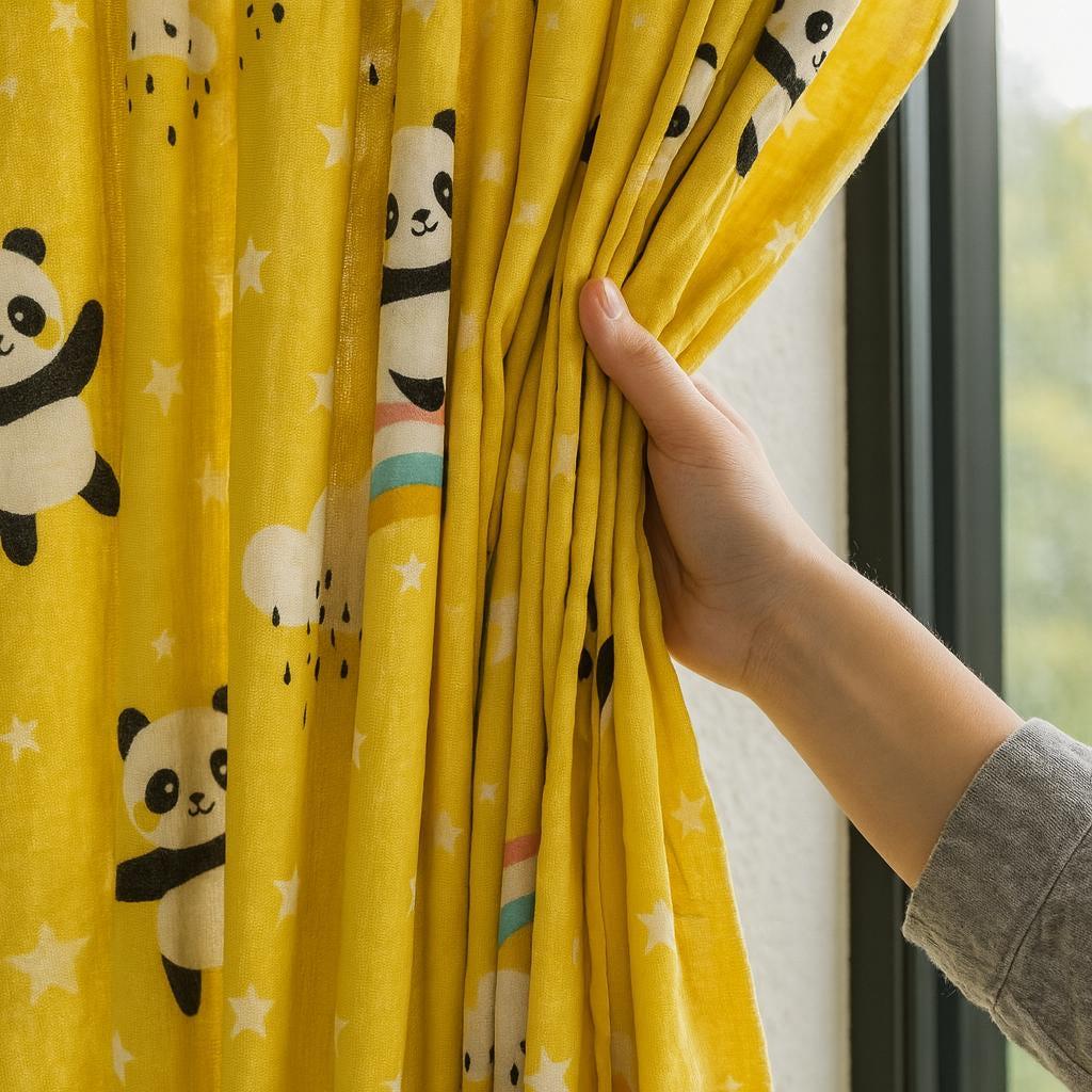 Kids Nursery Curtains: Yellow Panda Rainbow - Organic Cotton — image 3