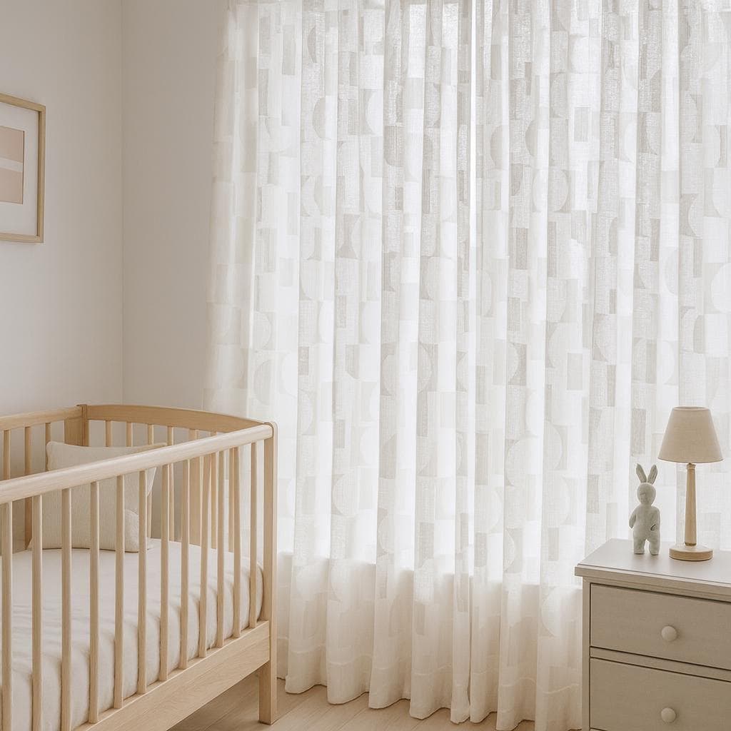 Organic Linen Sheer Curtain: White with Grey Geometric Embroidery — image 4