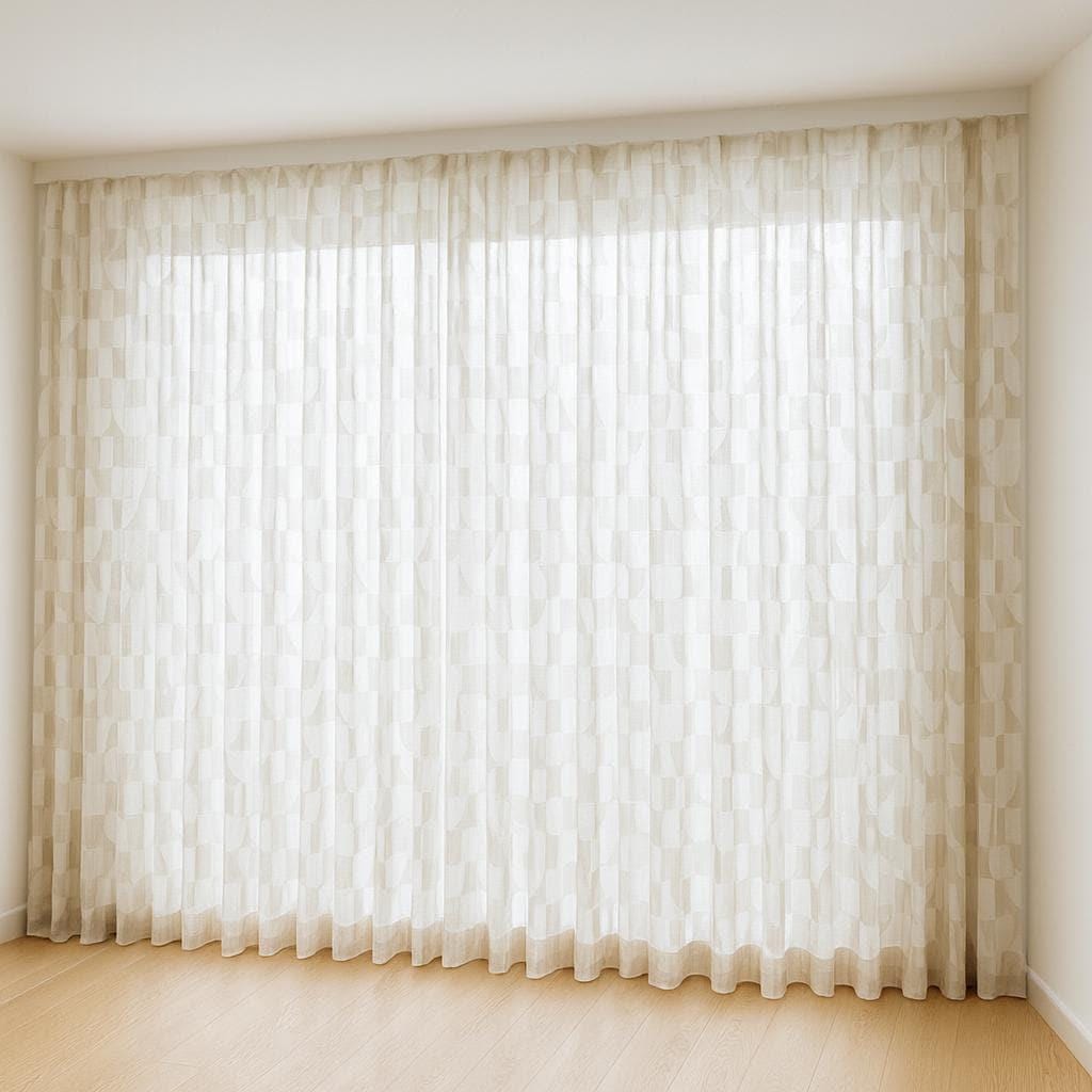 Organic Linen Sheer Curtain: White with Grey Geometric Embroidery — image 5