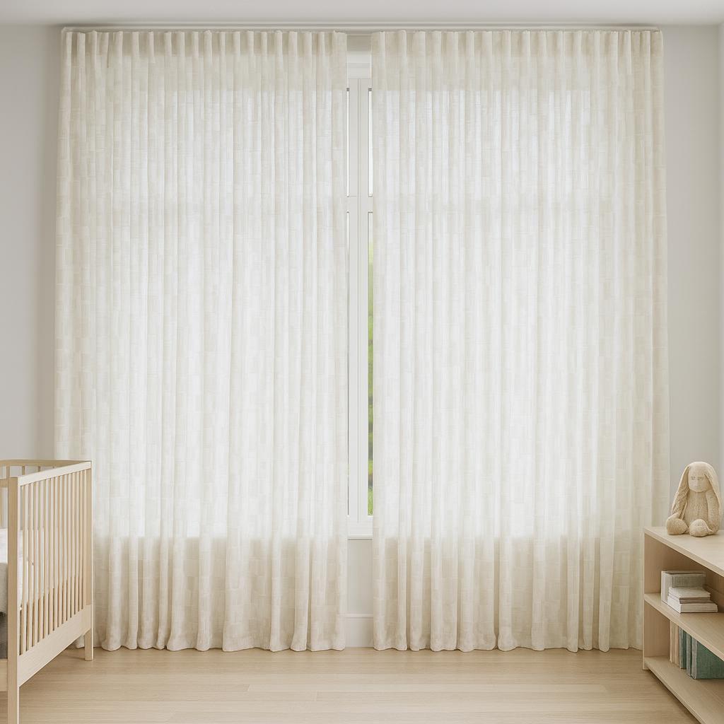 Organic Linen Sheer Curtain: White with Grey Geometric Embroidery — image 6