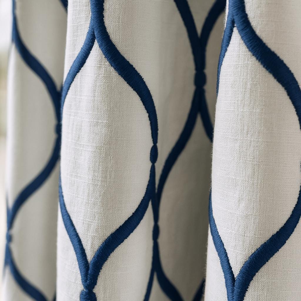 Linen Curtains: Navy Ogee Trellis on White (Single or Pair, Custom) — image 1