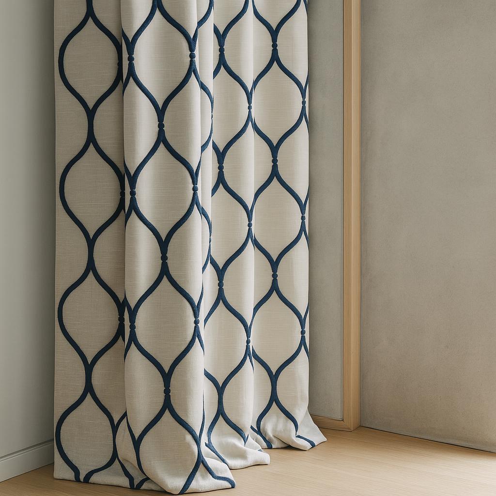 Linen Curtains: Navy Ogee Trellis on White (Single or Pair, Custom) — image 3