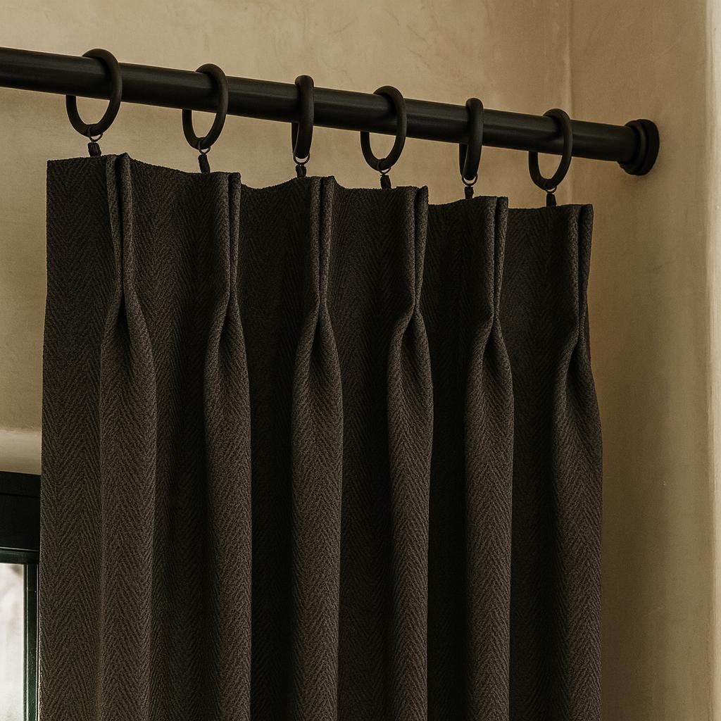 Charcoal Linen Pinch Pleat Curtains, Herringbone Chevron (Custom Widths 25-100in) — image 1