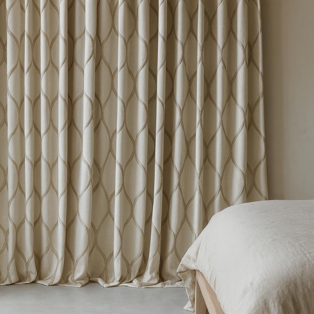 Organic Linen Curtain Panel, Ivory Taupe Ogee Embroidery (Custom Sizes) — image 3