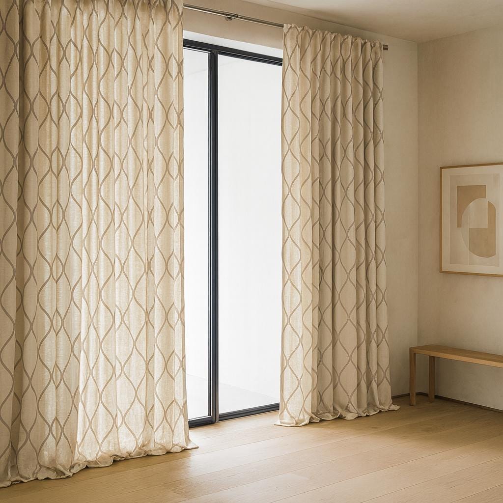 Organic Linen Curtain Panel, Ivory Taupe Ogee Embroidery (Custom Sizes) — image 6