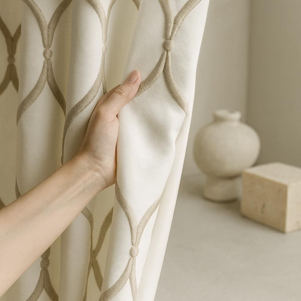 Organic Linen Curtain Panel, Ivory Taupe Ogee Embroidery (Custom Sizes) — image 7
