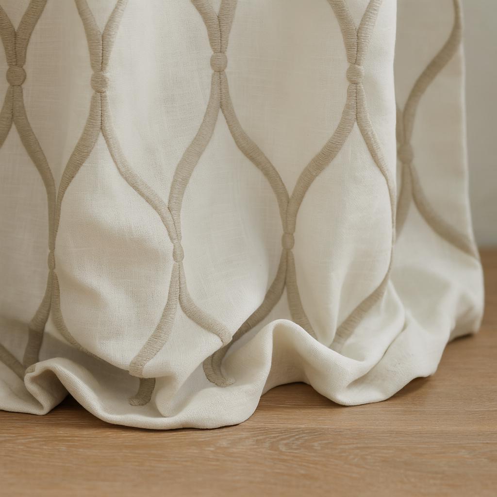 Organic Linen Curtain Panel, Ivory Taupe Ogee Embroidery (Custom Sizes) — image 8
