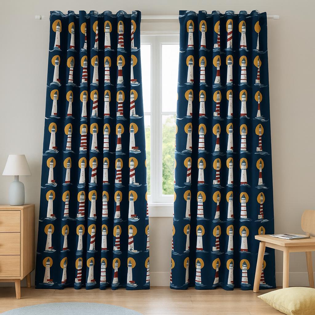 Kids' Lighthouse Curtains: Navy Blue Organic Cotton - Blackout or Light-Filtering — image 2