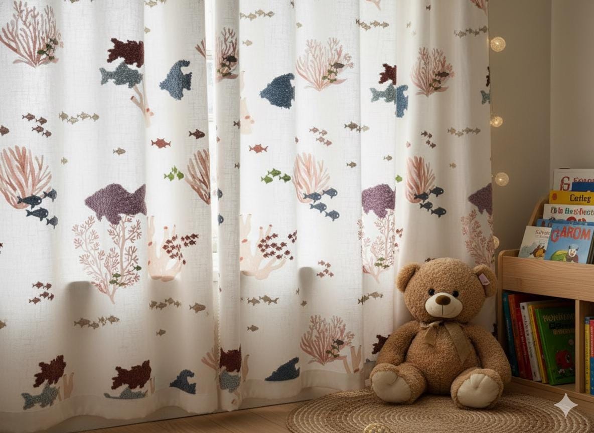 White Linen Embroidered Curtains: Fish & Coral, Kids Room — image 4