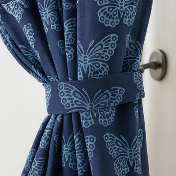 Butterfly Curtains Organic Cotton: Navy Blue Hand Block Print — image 1