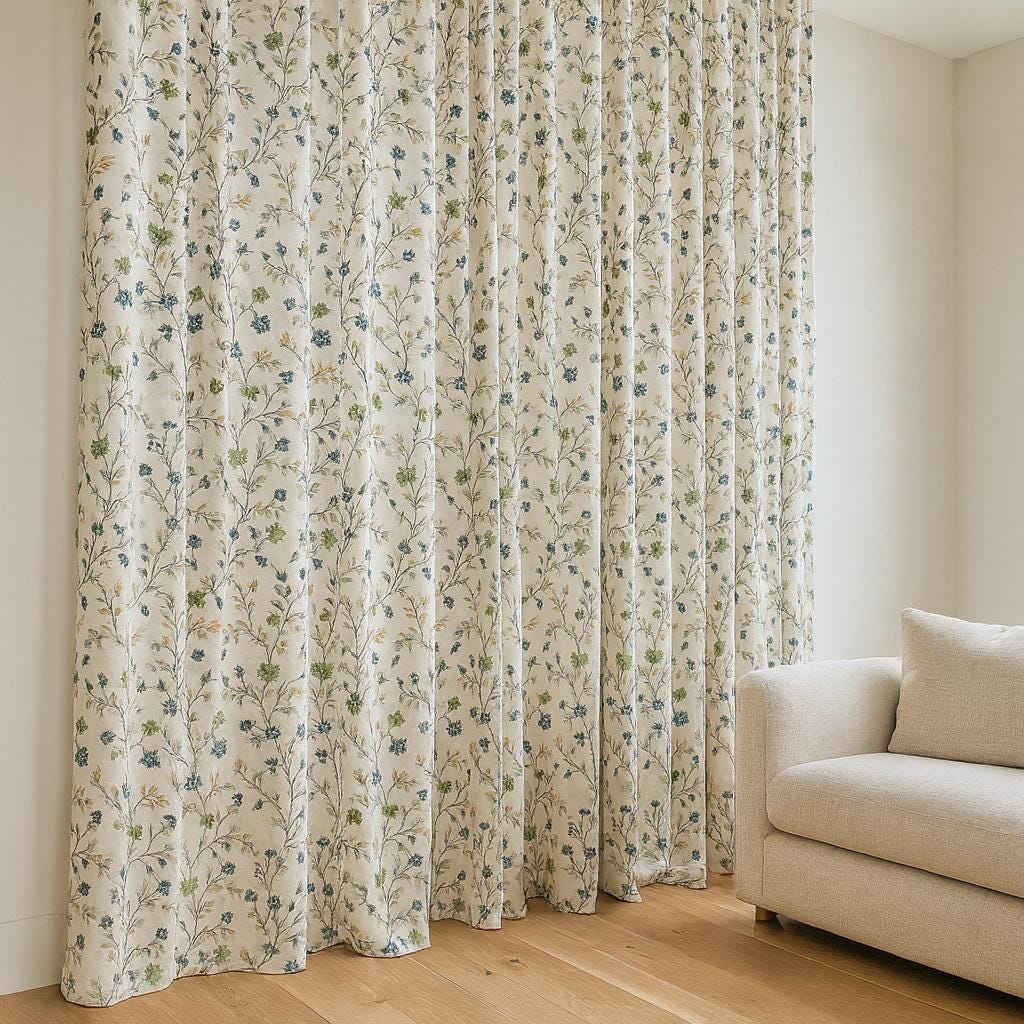 Embroidered Linen Curtain Panel: Blue Green Floral Vines, Blackout — image 2