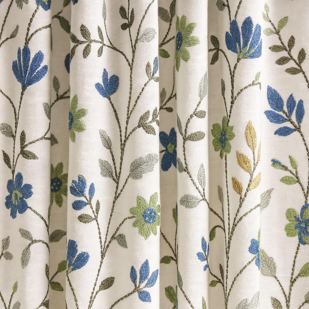 Embroidered Linen Curtain Panel: Blue Green Floral Vines, Blackout — image 3
