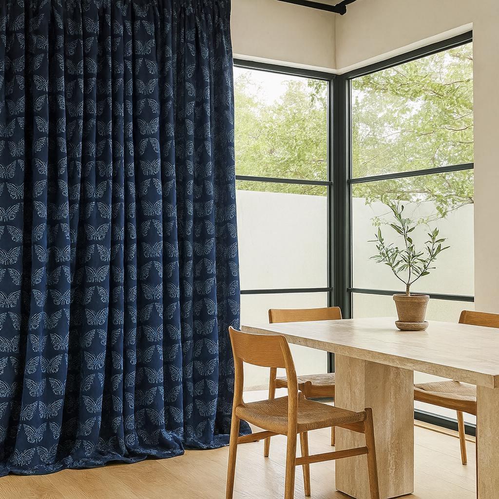 Butterfly Curtains Organic Cotton: Navy Blue Hand Block Print — image 3