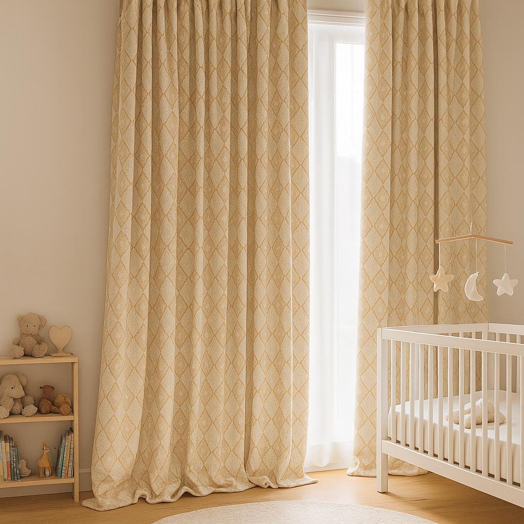 Kids Nursery Curtains: Beige Diamond Print Linen - Blackout or Cotton Liner — image 4