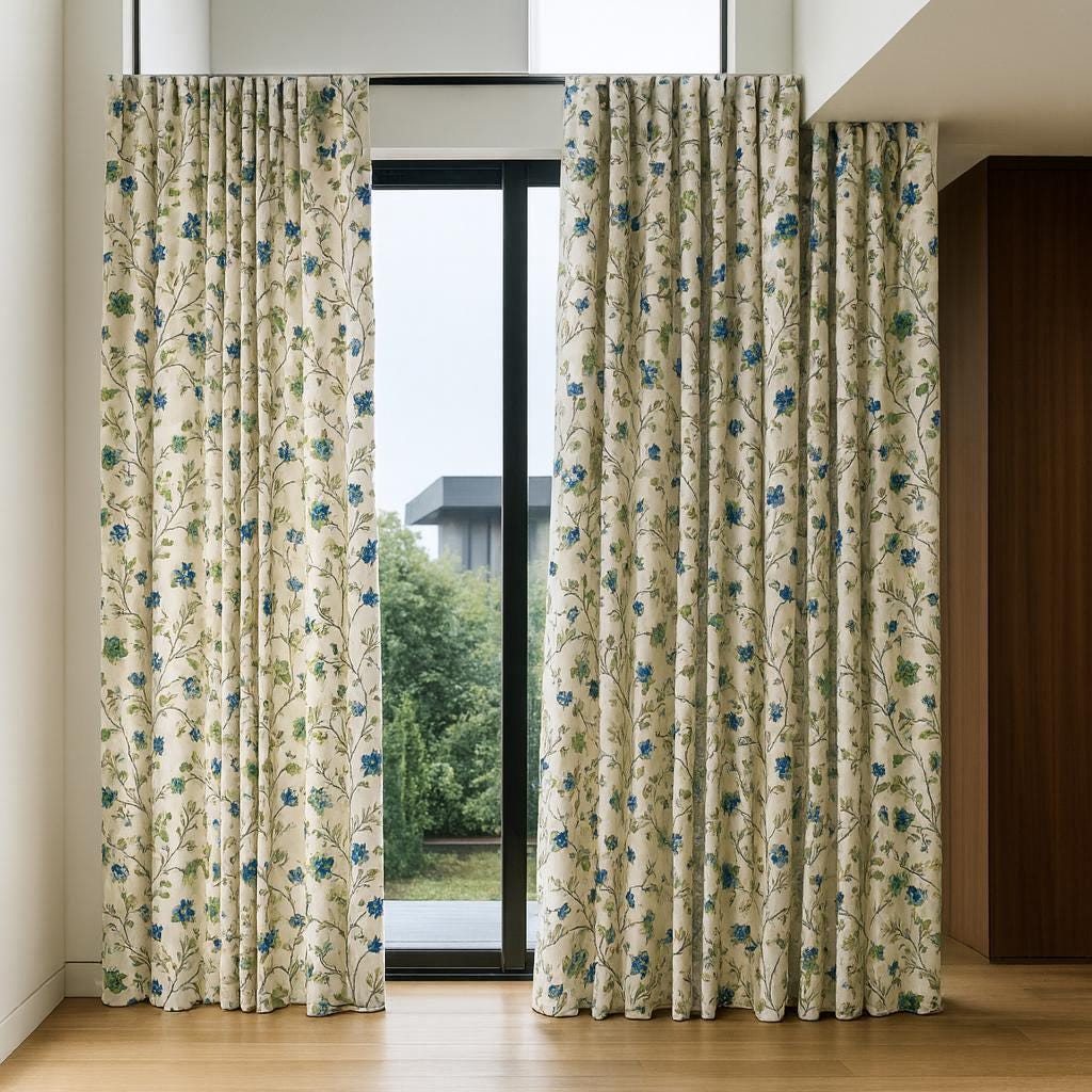 Embroidered Linen Curtain Panel: Blue Green Floral Vines, Blackout — image 5