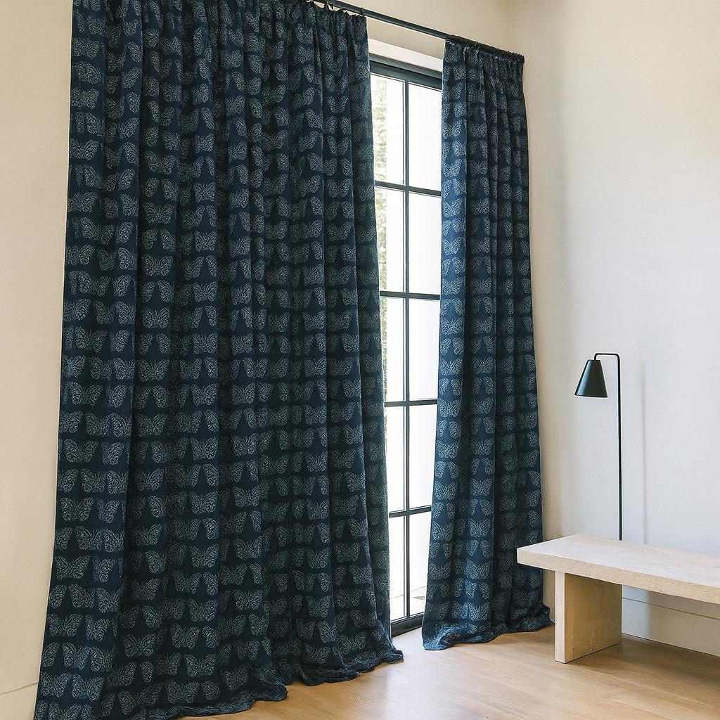 Butterfly Curtains Organic Cotton: Navy Blue Hand Block Print — image 7