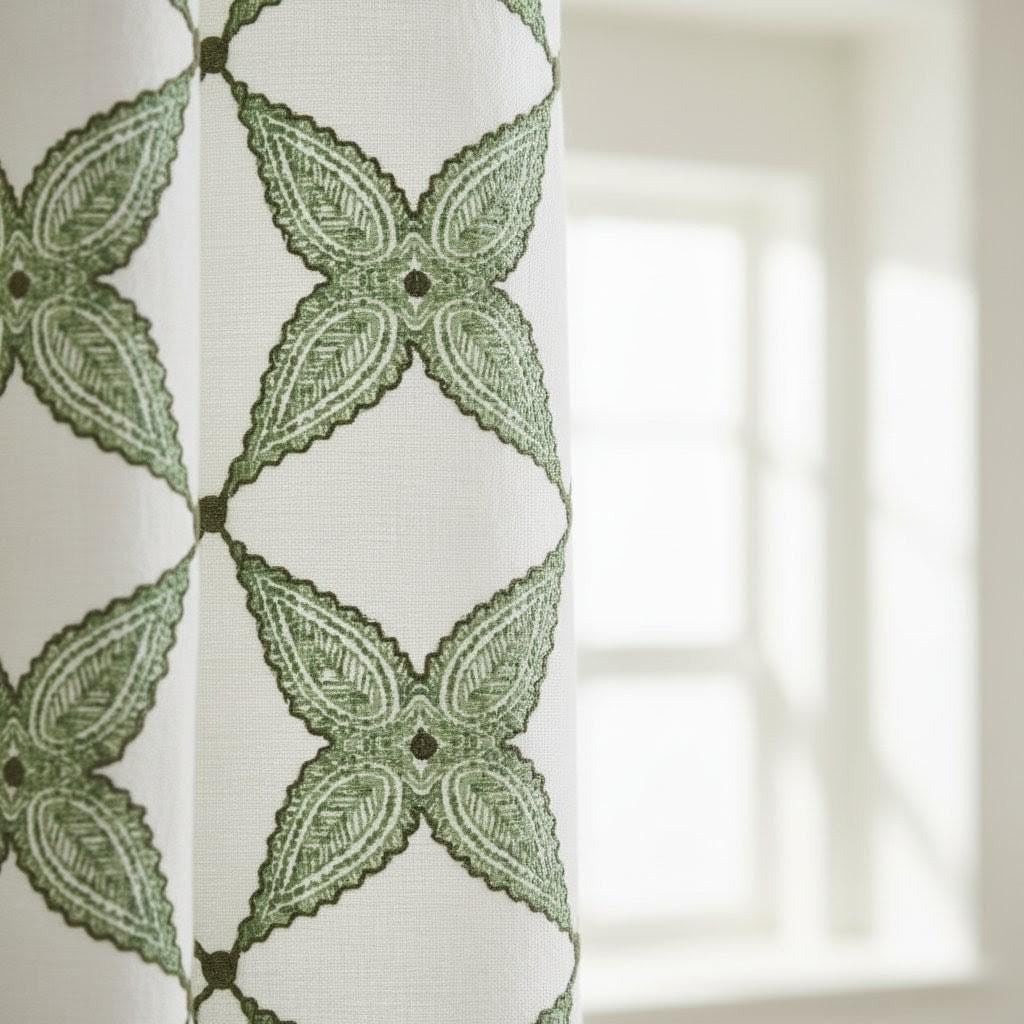 Embroidered Linen Curtain: Sage Green Clover Lattice on Ivory — image 1
