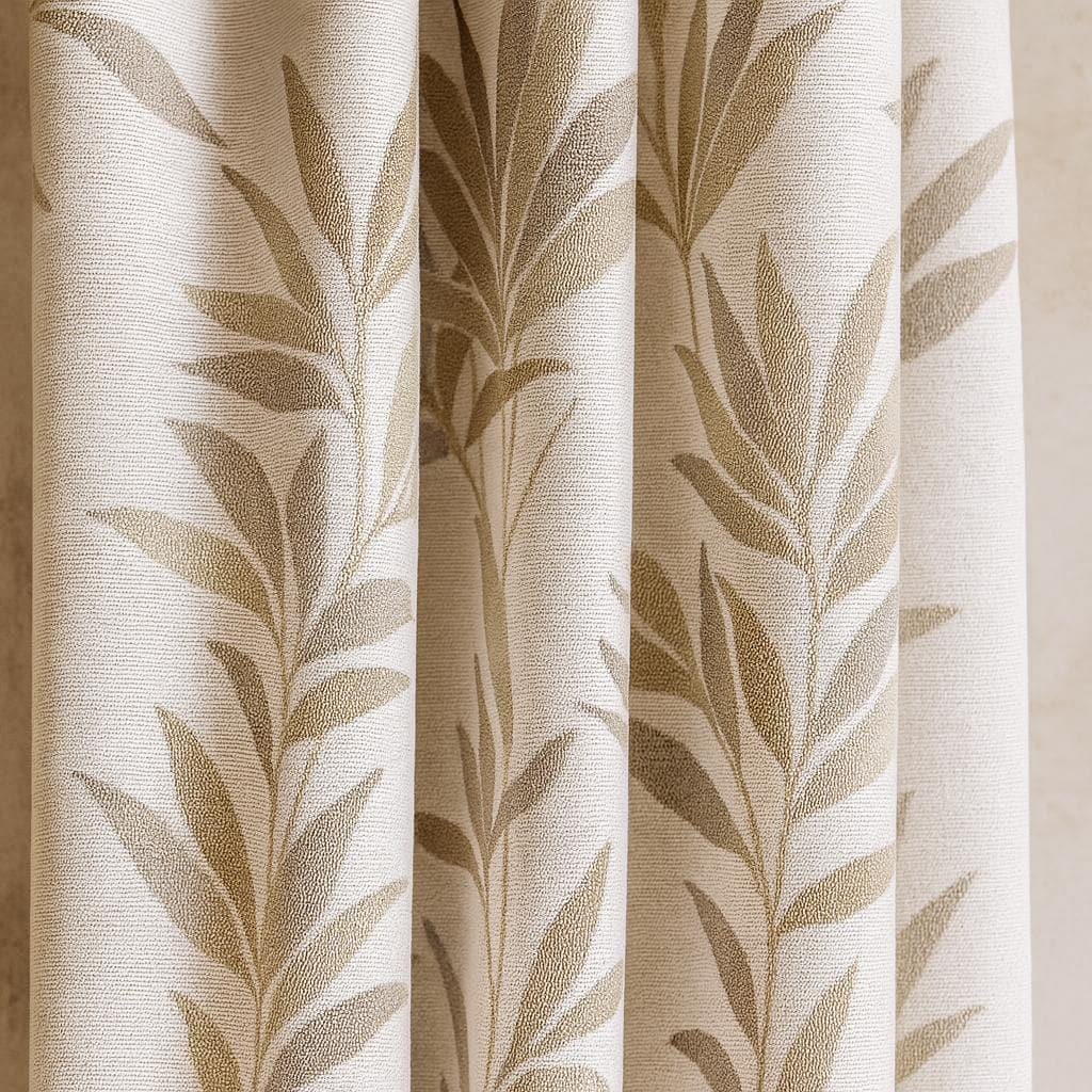 Linen Jacquard Curtains: Oatmeal Beige with Taupe and Sage Leaves — image 1
