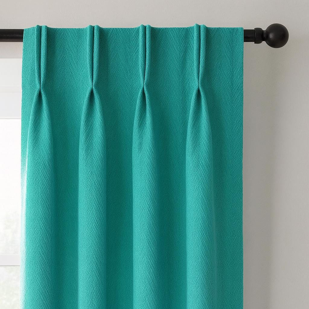 Pinch-Pleat Linen Curtains: Sea Green Herringbone - Blackout or Cotton Lined — image 1