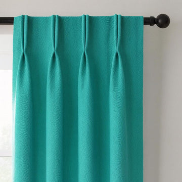 Pinch-Pleat Linen Curtains: Sea Green Herringbone - Blackout or Cotton Lined — image 1