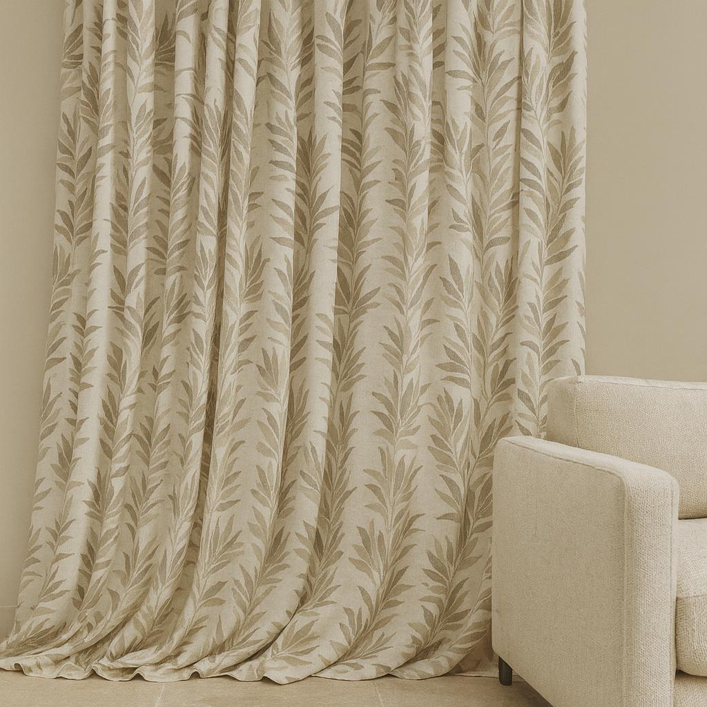 Linen Jacquard Curtains: Oatmeal Beige with Taupe and Sage Leaves — image 3