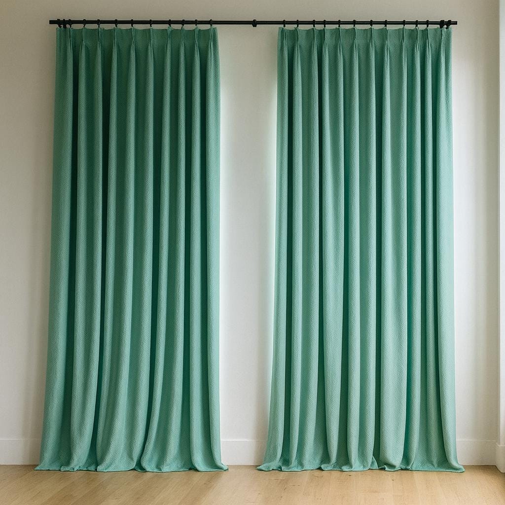 Pinch-Pleat Linen Curtains: Sea Green Herringbone - Blackout or Cotton Lined — image 4