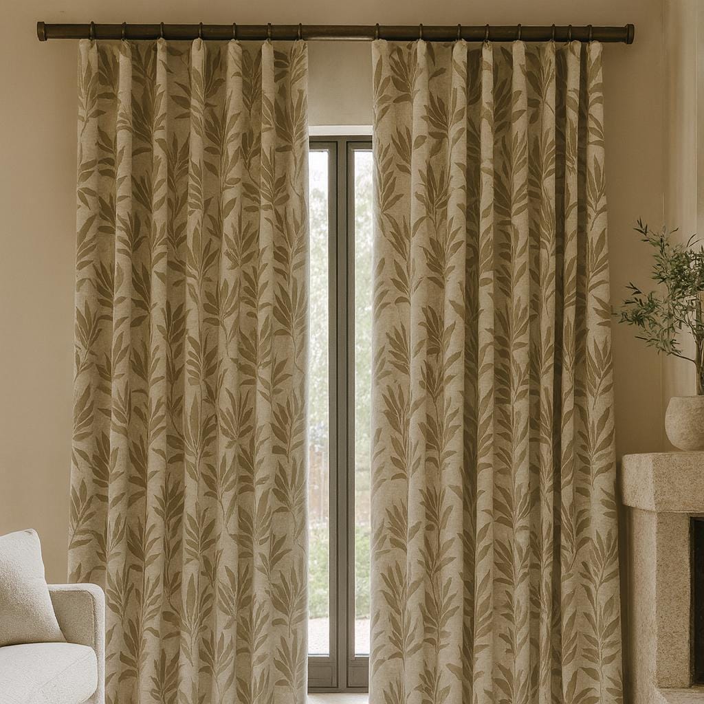 Linen Jacquard Curtains: Oatmeal Beige with Taupe and Sage Leaves — image 6