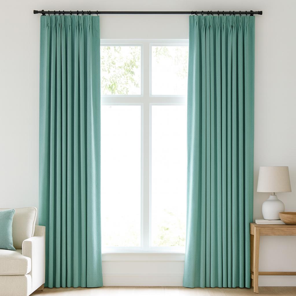 Pinch-Pleat Linen Curtains: Sea Green Herringbone - Blackout or Cotton Lined — image 6