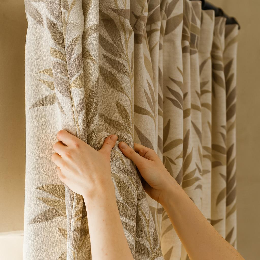 Linen Jacquard Curtains: Oatmeal Beige with Taupe and Sage Leaves — image 8