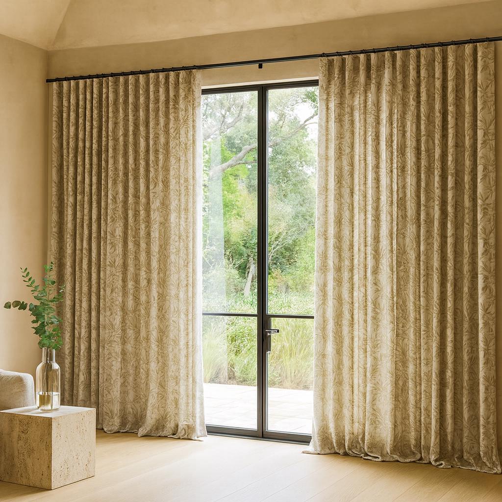 Linen Jacquard Curtains: Oatmeal Beige with Taupe and Sage Leaves — image 9