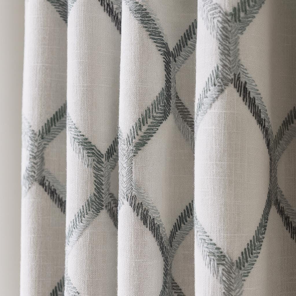 Organic Linen Curtains: Embroidered Diamond Lattice - Blackout or Cotton Lined — image 1