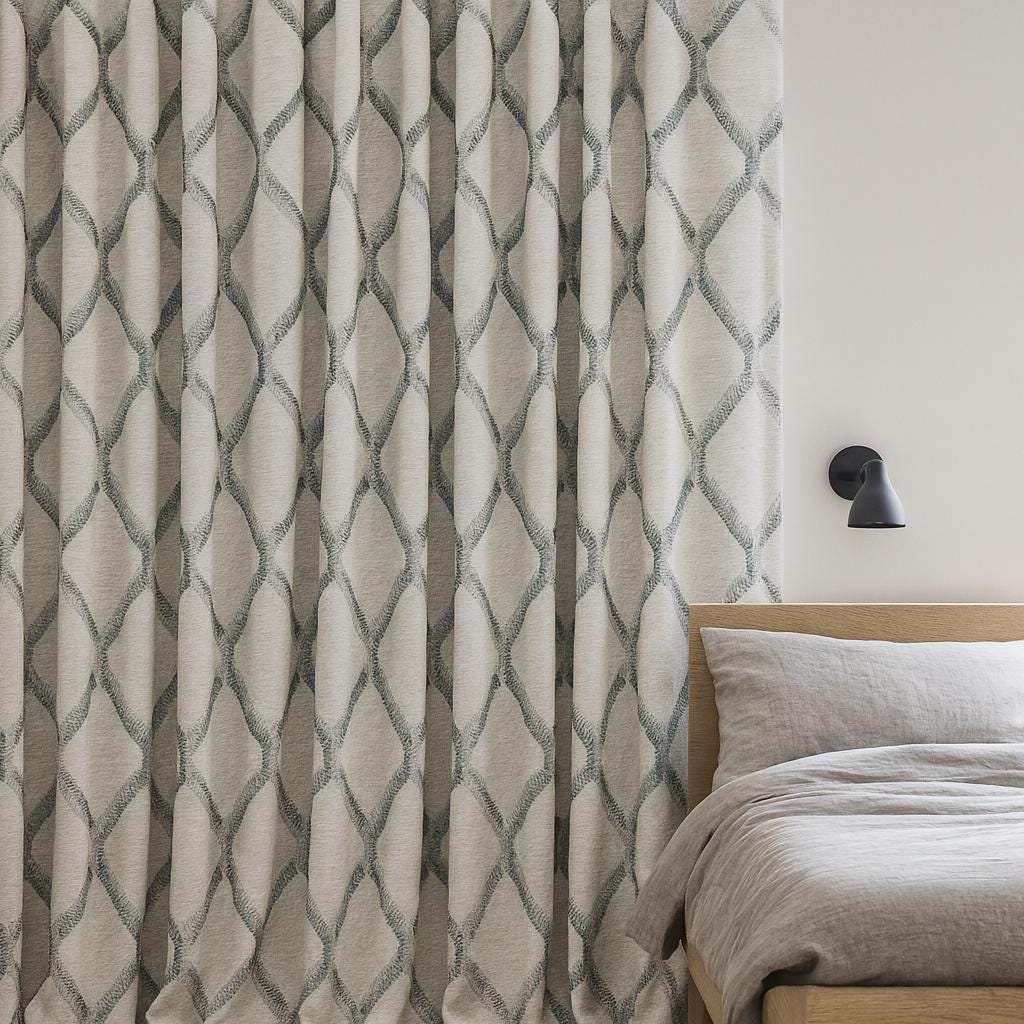 Organic Linen Curtains: Embroidered Diamond Lattice - Blackout or Cotton Lined — image 2