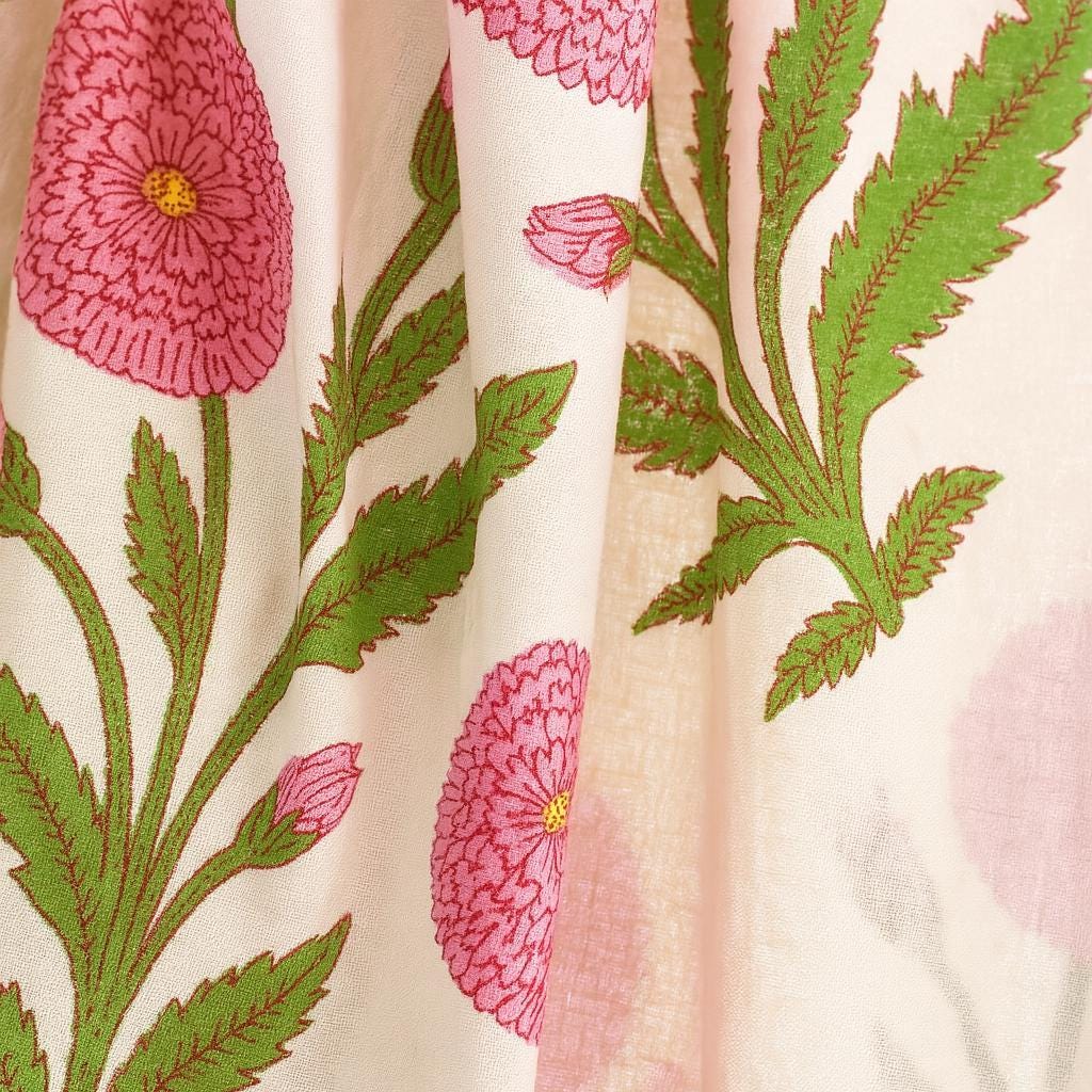 Boho Pink Floral Curtains, Organic Cotton, Green Leaves (Custom Sizes) — image 4