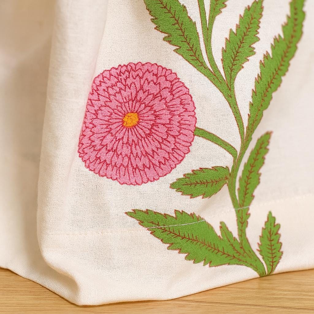 Boho Pink Floral Curtains, Organic Cotton, Green Leaves (Custom Sizes) — image 6