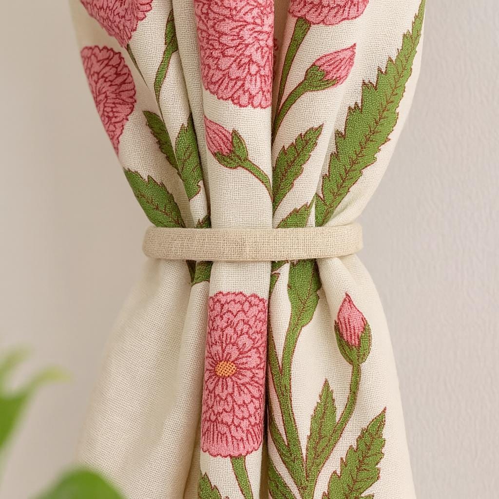 Boho Pink Floral Curtains, Organic Cotton, Green Leaves (Custom Sizes) — image 7