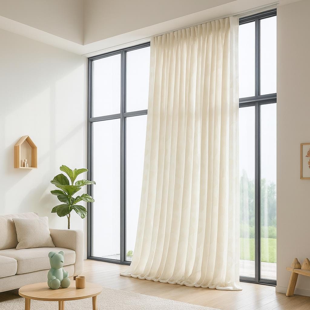 Ivory Linen Sheer Curtain - Organic Fabric with Soft Geometric Pattern — image 5