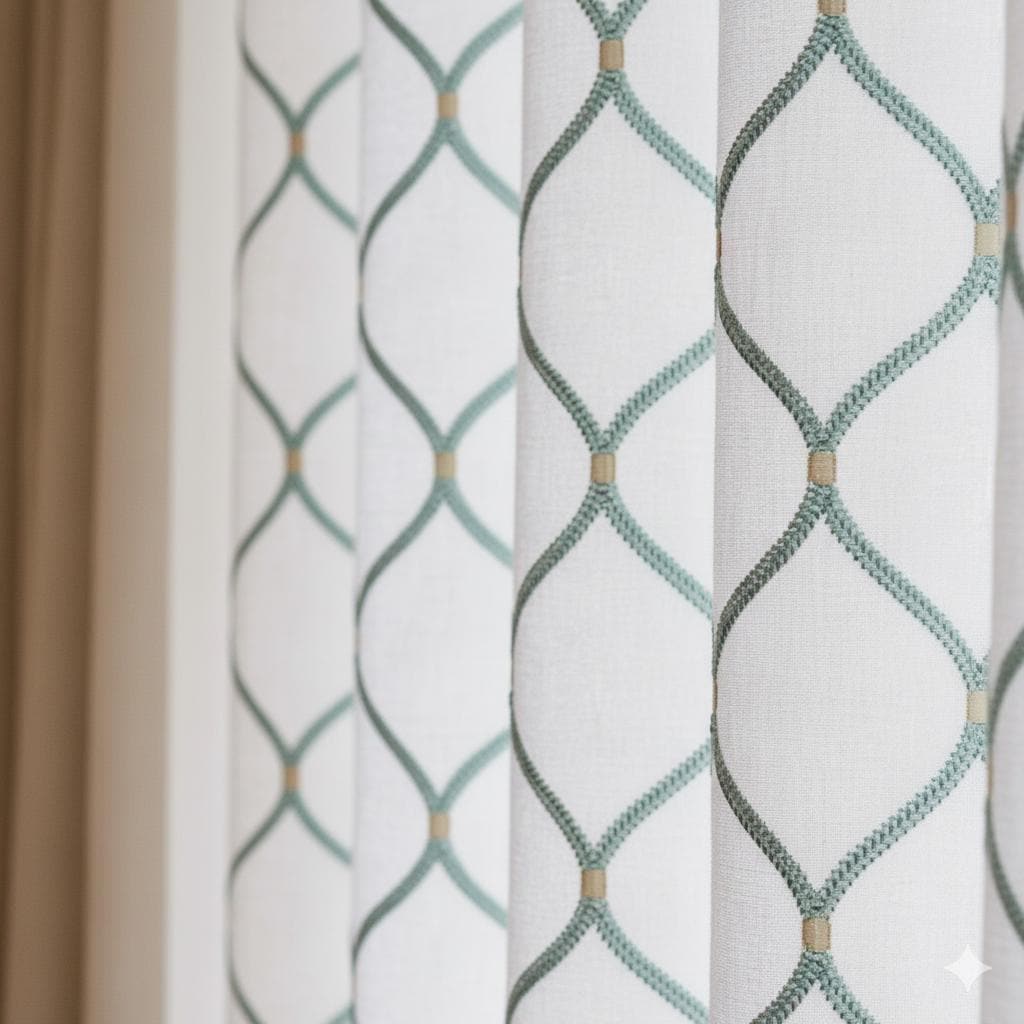 White Linen Curtains: Spa-Aqua Ogee Embroidery - Blackout or Light-Filtering Liner — image 1