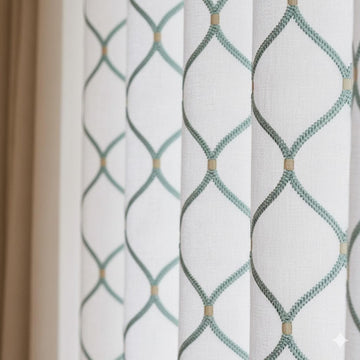 White Linen Curtains: Spa-Aqua Ogee Embroidery - Blackout or Light-Filtering Liner — image 1
