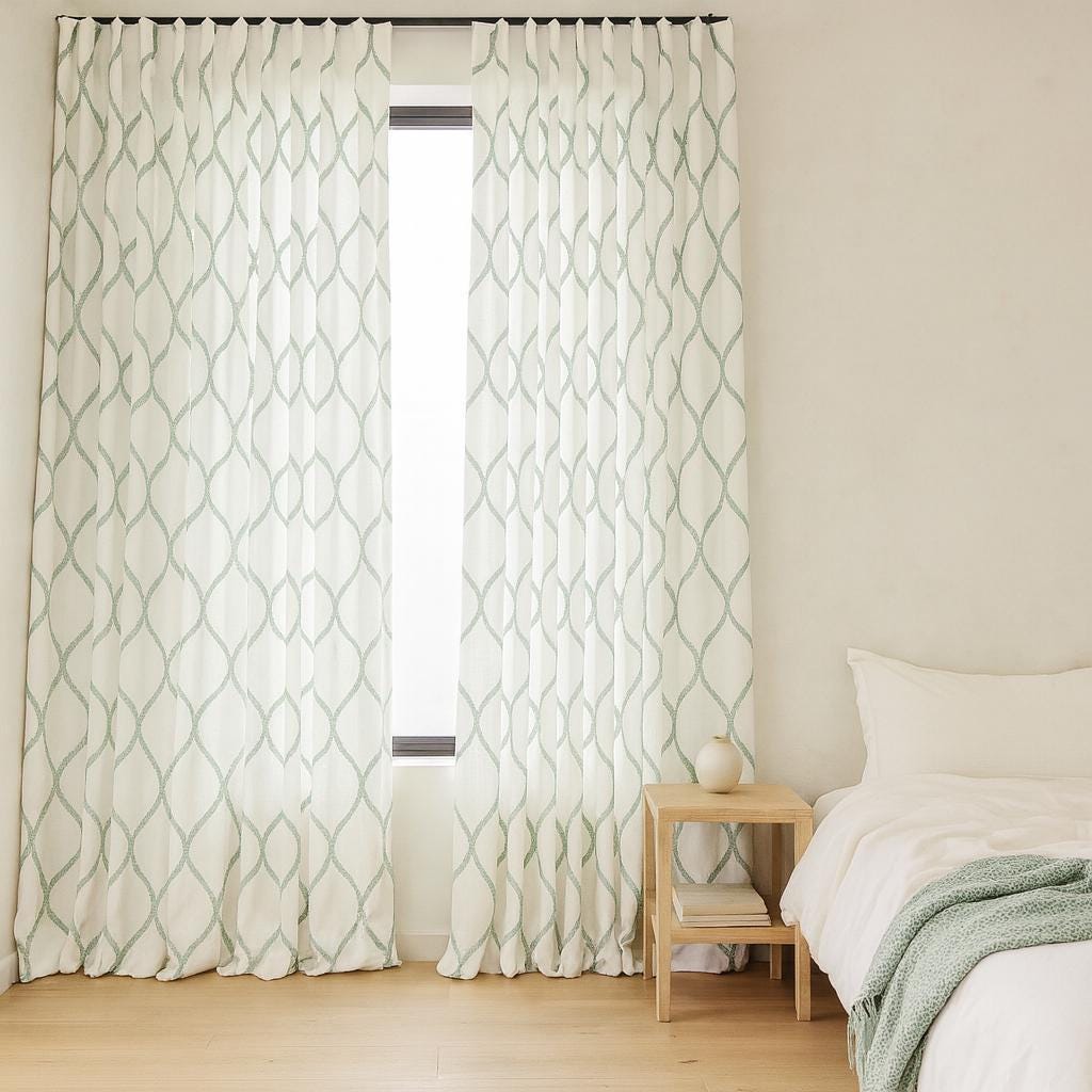 White Linen Curtains: Spa-Aqua Ogee Embroidery - Blackout or Light-Filtering Liner — image 2