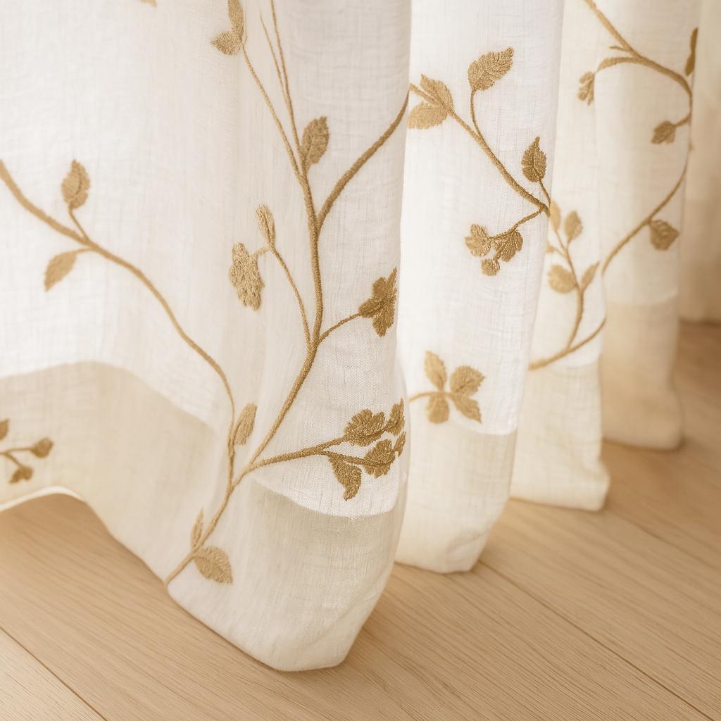 Linen Sheer Curtains, White with Beige Floral Embroidery (Single or Pair) — image 2