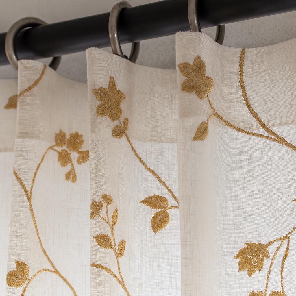 Linen Sheer Curtains, White with Beige Floral Embroidery (Single or Pair) — image 3