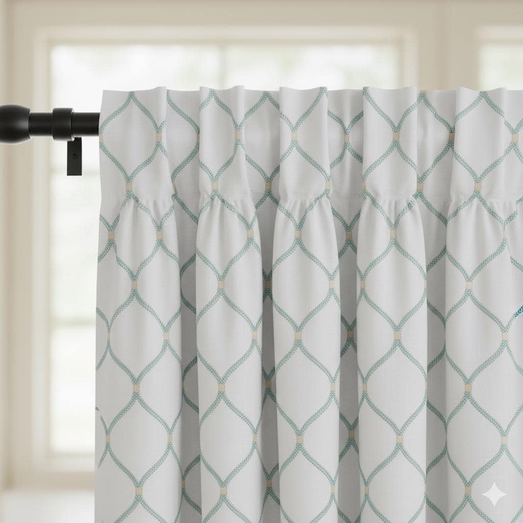 White Linen Curtains: Spa-Aqua Ogee Embroidery - Blackout or Light-Filtering Liner — image 8