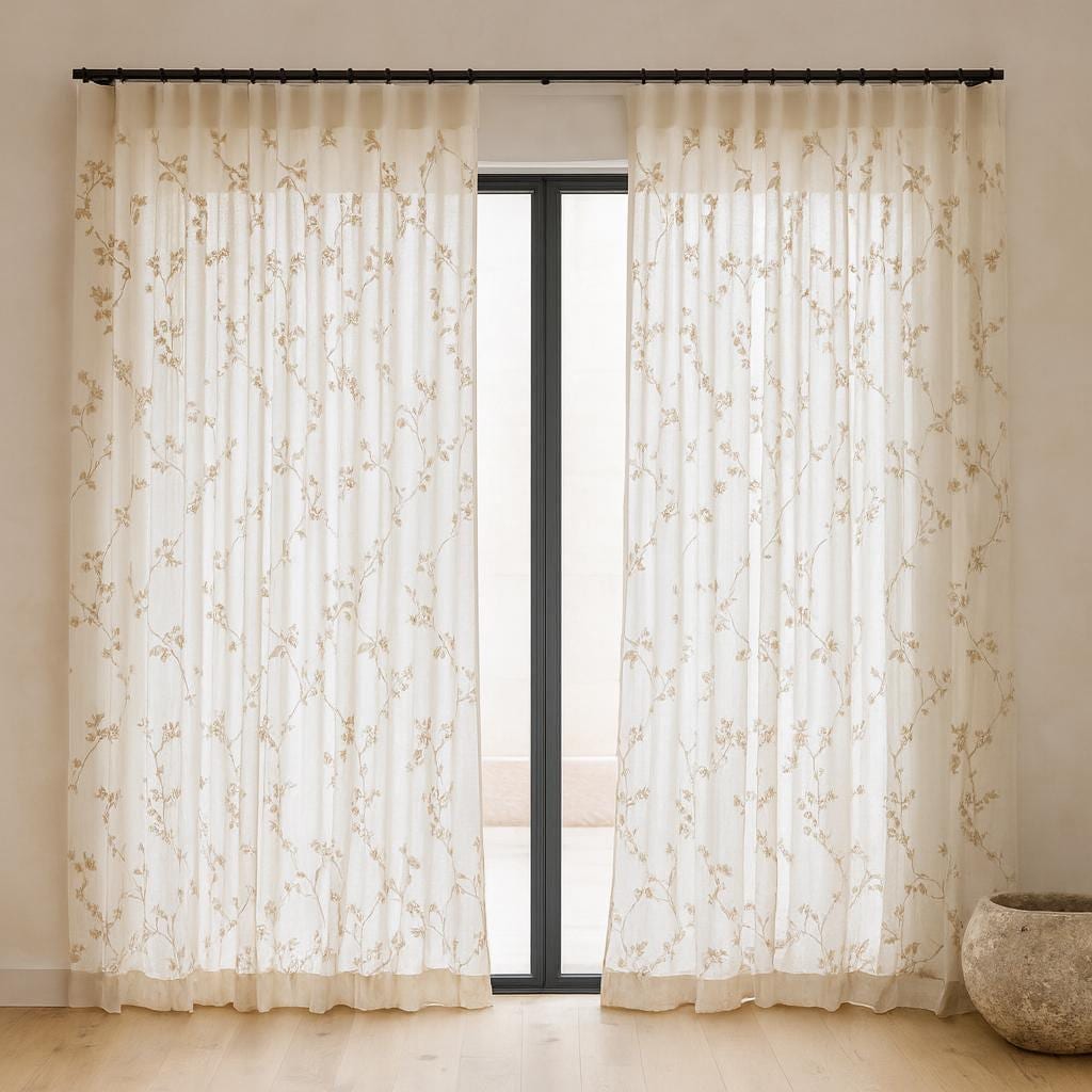 Linen Sheer Curtains, White with Beige Floral Embroidery (Single or Pair) — image 8
