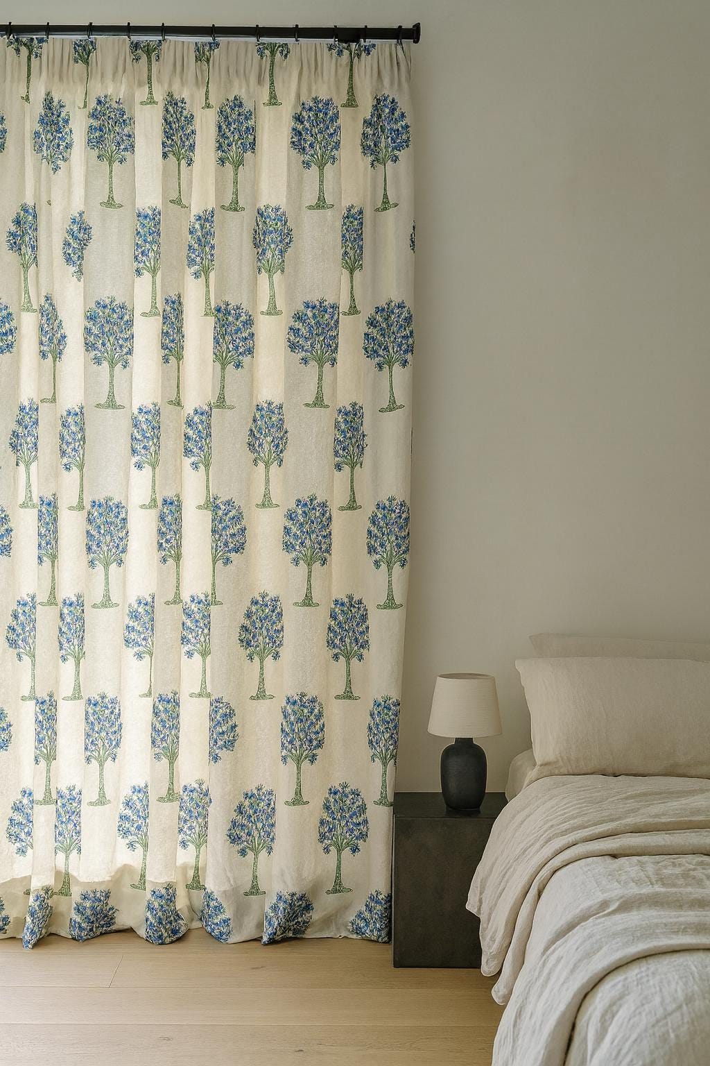 Hand Block Printed Curtains: Organic Cotton, Blue Floral Tree (Custom Fit) — image 1