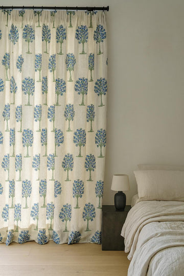 Hand Block Printed Curtains: Organic Cotton, Blue Floral Tree (Custom Fit) — image 1
