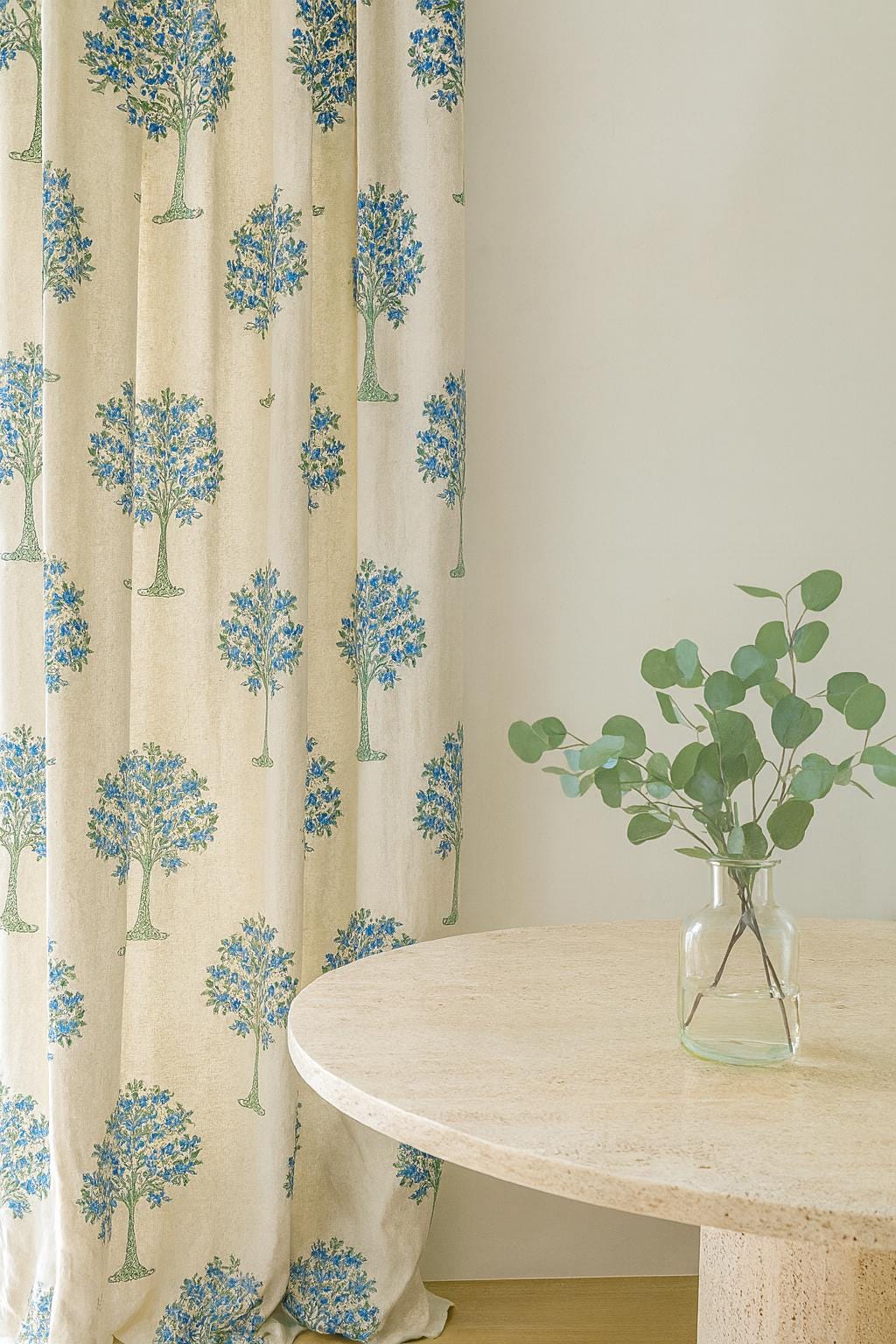 Hand Block Printed Curtains: Organic Cotton, Blue Floral Tree (Custom Fit) — image 3