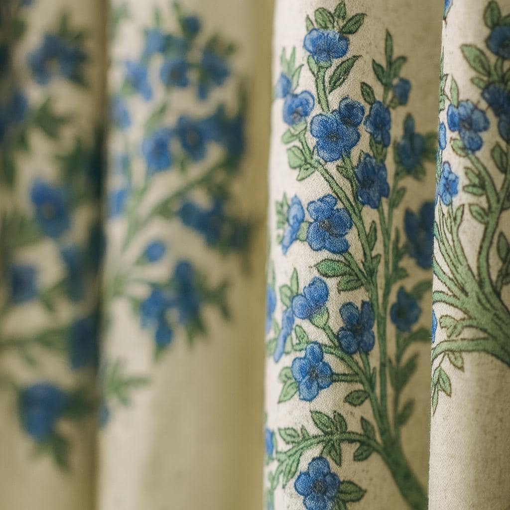 Hand Block Printed Curtains: Organic Cotton, Blue Floral Tree (Custom Fit) — image 8